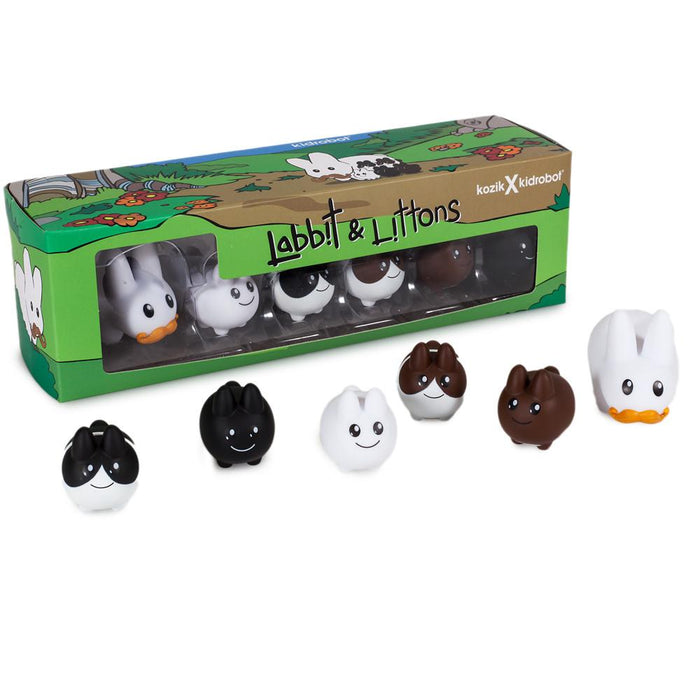 Six vinyl Labbit figures with Littons 6-pack, featuring colorful, stylized collectible character designs in vibrant hues.