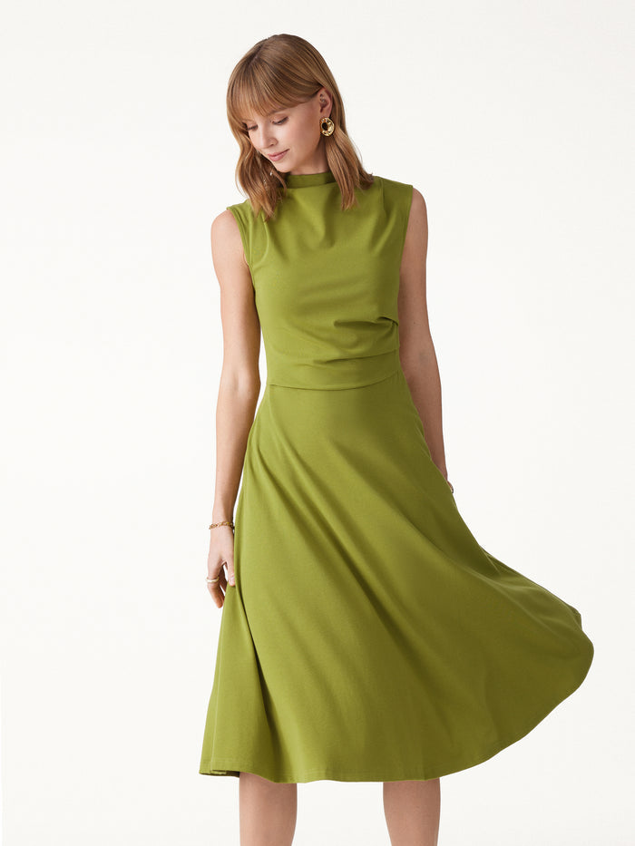 OGLmove Viscose-Cotton Mock Neck Sleeveless Tucked Midi Dress