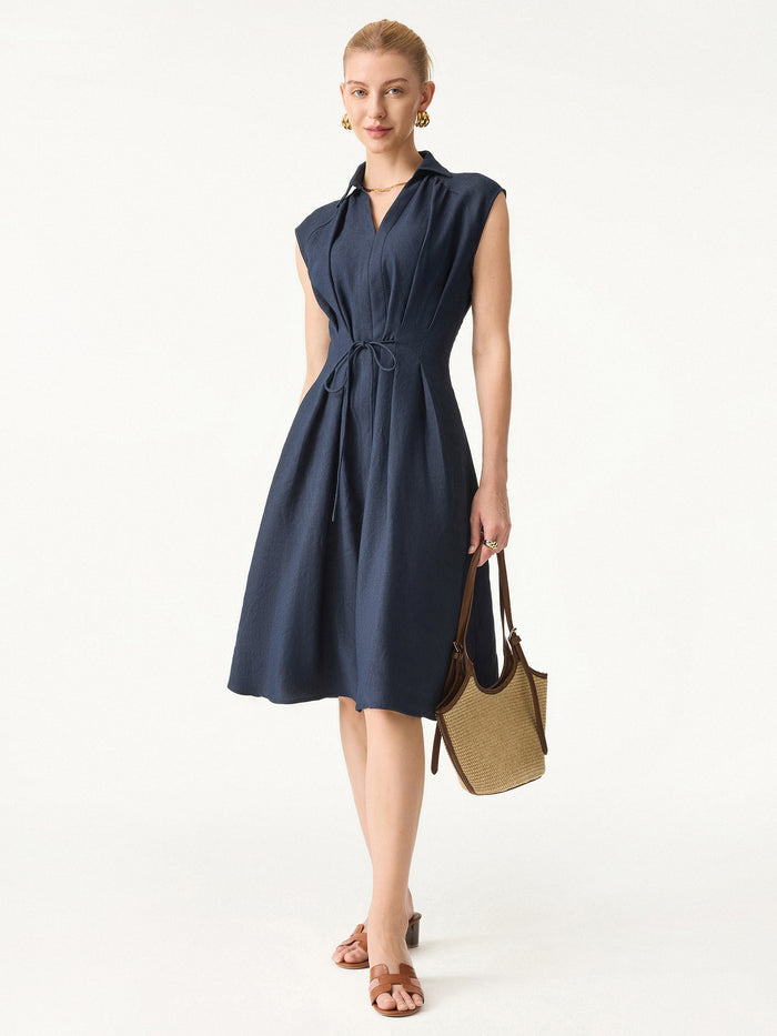 OGLmove Viscose-Linen V-neck Midi Dress with Drawstring Denim Navy XS