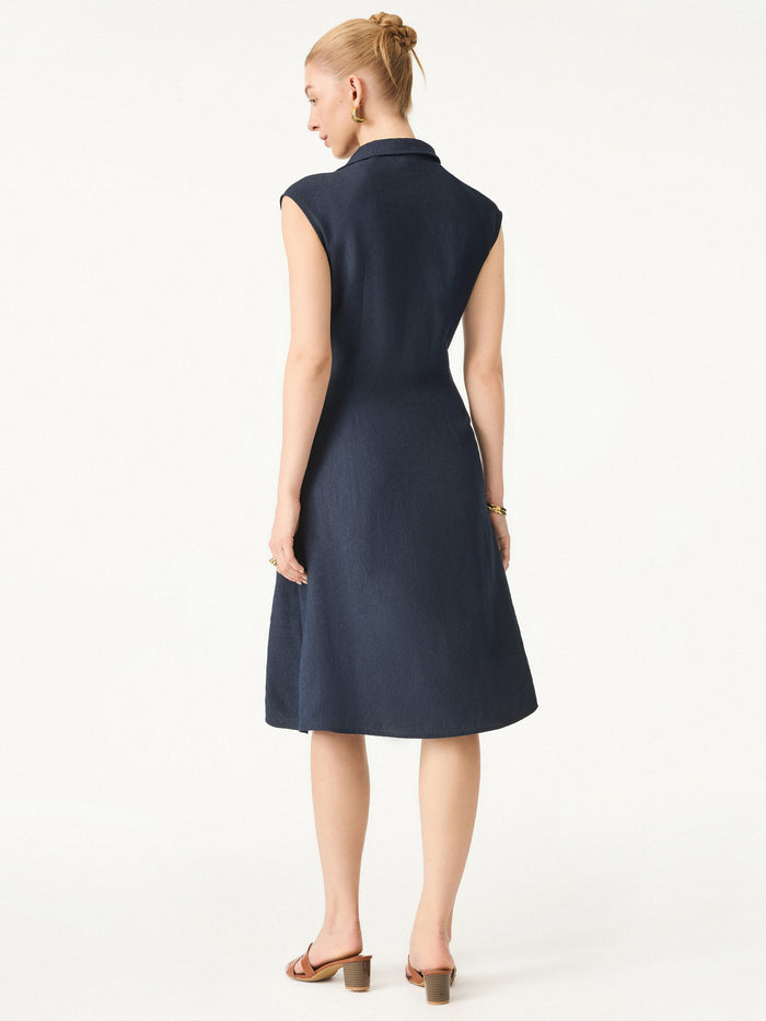 OGLmove Viscose-Linen V-neck Midi Dress with Drawstring