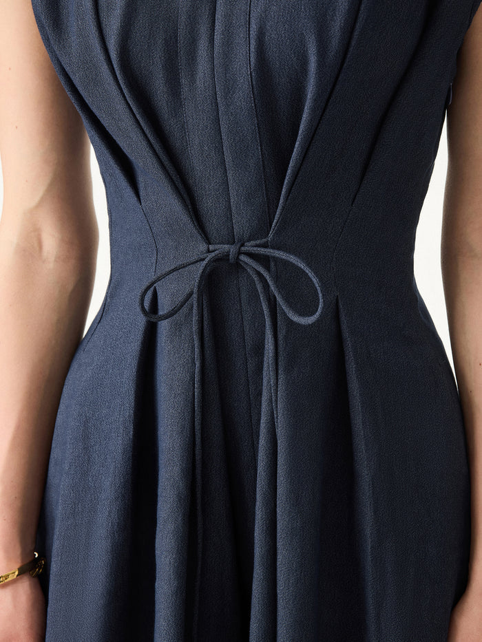 OGLmove Viscose-Linen V-neck Midi Dress with Drawstring
