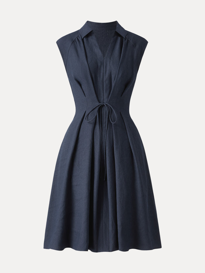 OGLmove Viscose-Linen V-neck Midi Dress with Drawstring