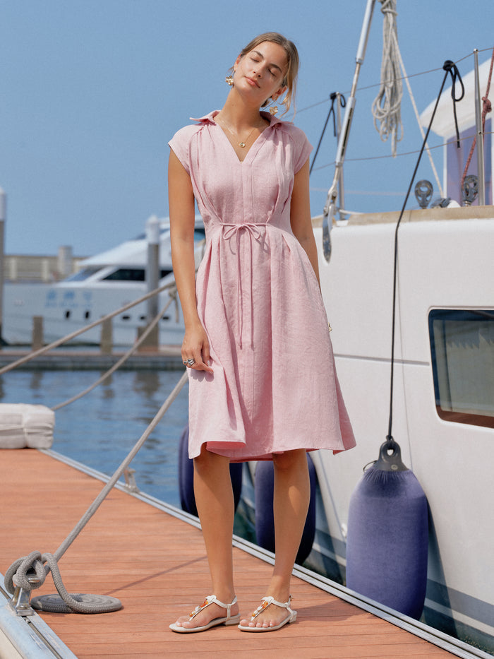 OGLmove Viscose-Linen V-neck Midi Dress with Drawstring