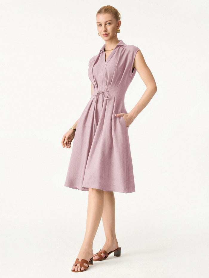 OGLmove Viscose-Linen V-neck Midi Dress with Drawstring