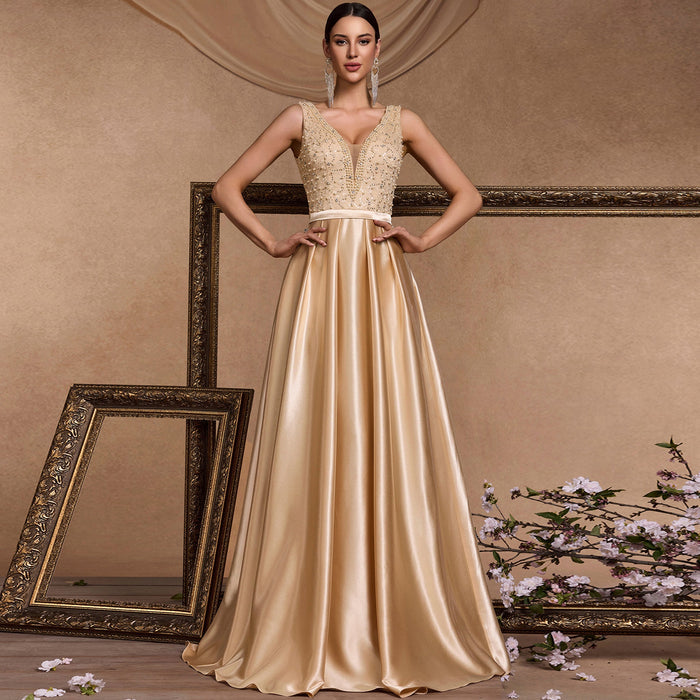 Vneck Midi Champagne Formal Dress for Wedding Guest - Rosymae