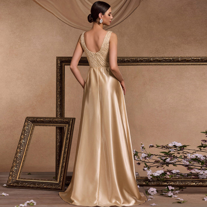 Vneck Midi Champagne Formal Dress for Wedding Guest - Rosymae