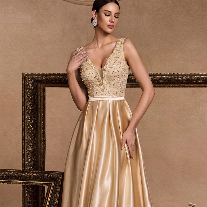 Vneck Midi Champagne Formal Dress for Wedding Guest - Rosymae