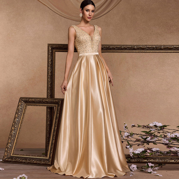 Vneck Midi Champagne Formal Dress for Wedding Guest - Rosymae