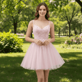 Vneck Pink Above Knee Beach Cocktail Dress with Spaghetti Straps - Rosymae
