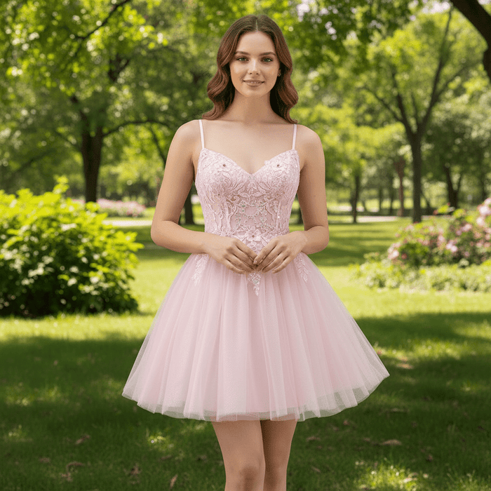 Vneck Pink Above Knee Beach Cocktail Dress with Spaghetti Straps - Rosymae