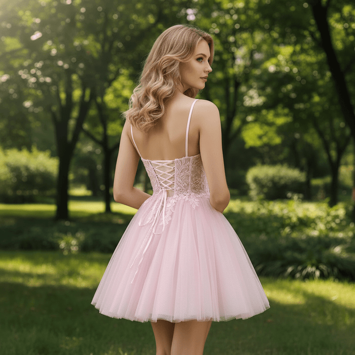 Vneck Pink Above Knee Beach Cocktail Dress with Spaghetti Straps - Rosymae