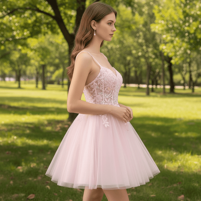 Vneck Pink Above Knee Beach Cocktail Dress with Spaghetti Straps - Rosymae