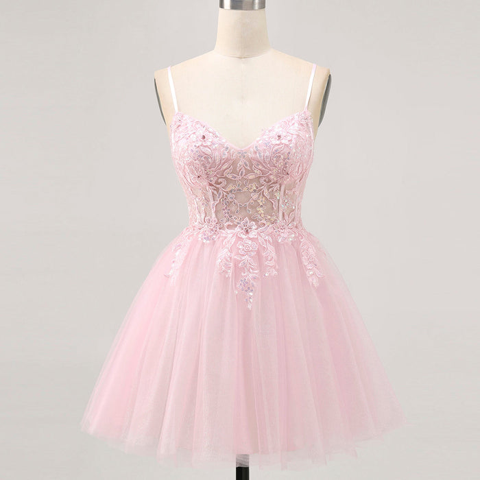Vneck Pink Above Knee Beach Cocktail Dress with Spaghetti Straps - Rosymae