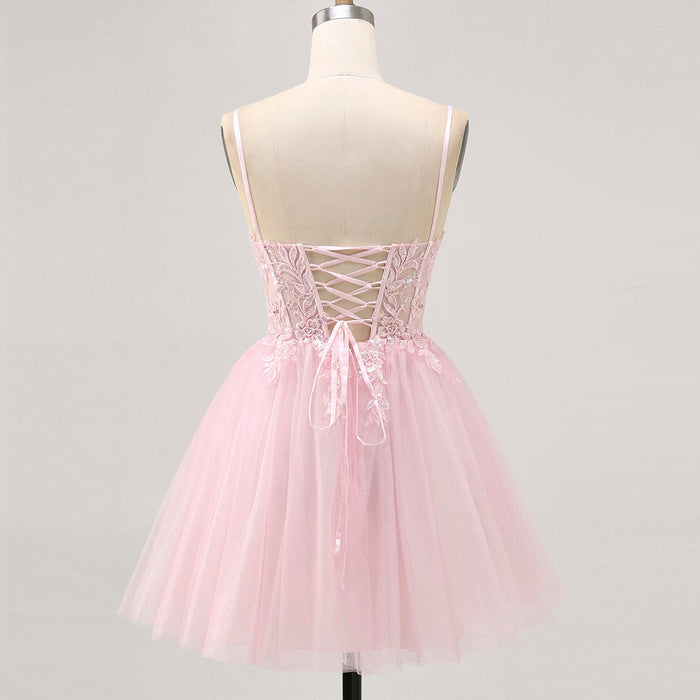 Vneck Pink Above Knee Beach Cocktail Dress with Spaghetti Straps - Rosymae