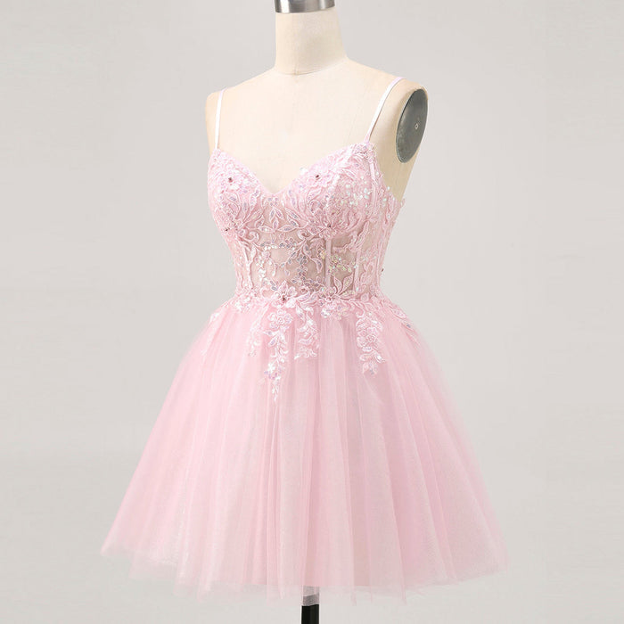 Vneck Pink Above Knee Beach Cocktail Dress with Spaghetti Straps - Rosymae