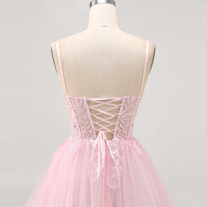 Vneck Pink Above Knee Beach Cocktail Dress with Spaghetti Straps - Rosymae