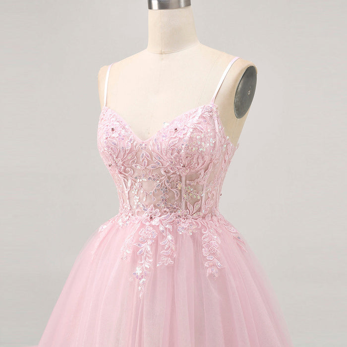Vneck Pink Above Knee Beach Cocktail Dress with Spaghetti Straps - Rosymae