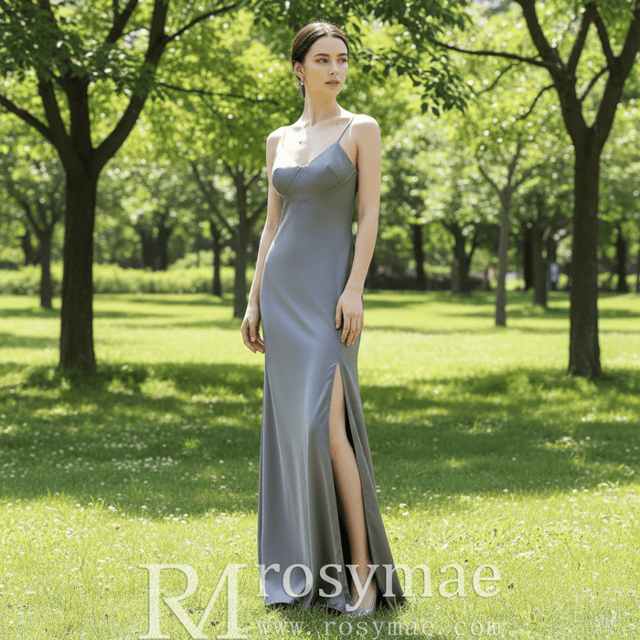 Vneck Spaghetti Strap Bridemsaid Dress with Leg Slit - Rosymae