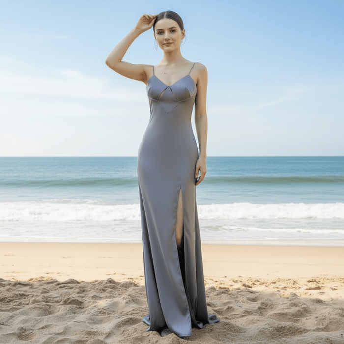 Vneck Spaghetti Strap Bridemsaid Dress with Leg Slit - Rosymae