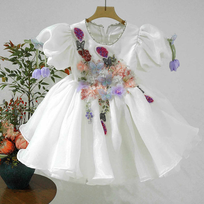 White Flower Girl Dress with 3D Floral Embroidery Butterfly Wedding Party Gown J897