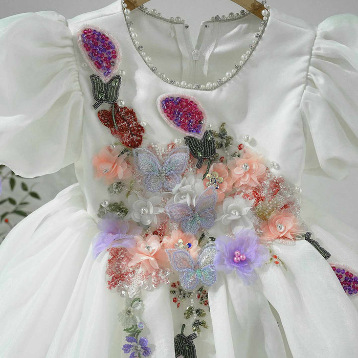 White Flower Girl Dress with 3D Floral Embroidery Butterfly Wedding Party Gown J897