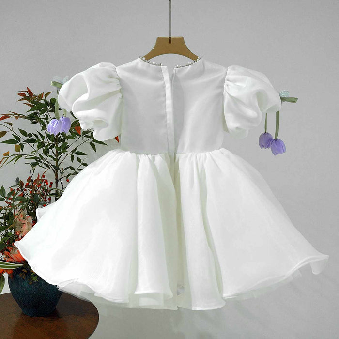 White Flower Girl Dress with 3D Floral Embroidery Butterfly Wedding Party Gown J897