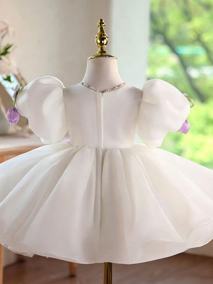 White Flower Girl Dress with 3D Floral Embroidery Butterfly Wedding Party Gown J897