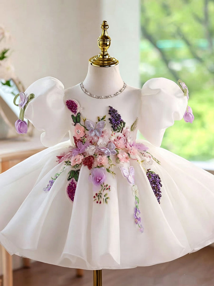 White Flower Girl Dress with 3D Floral Embroidery Butterfly Wedding Party Gown J897