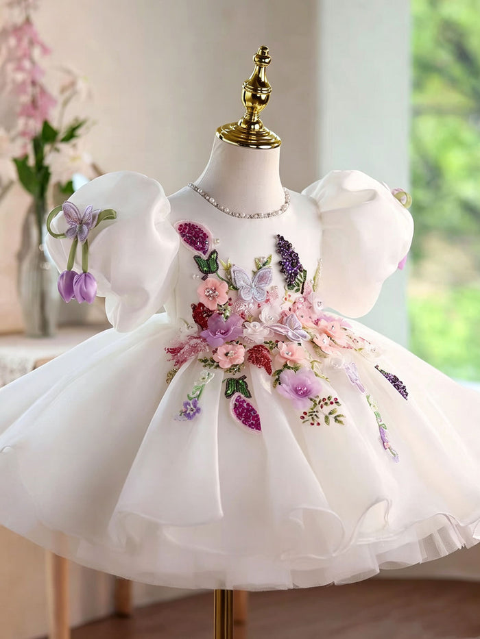 White Flower Girl Dress with 3D Floral Embroidery Butterfly Wedding Party Gown J897