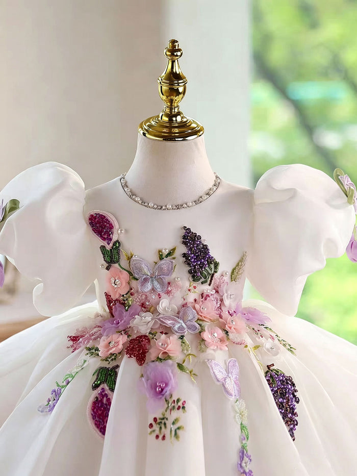 White Flower Girl Dress with 3D Floral Embroidery Butterfly Wedding Party Gown J897