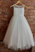 White Illuison Neck Dot Long Flower Girl Dress with Bow Sash