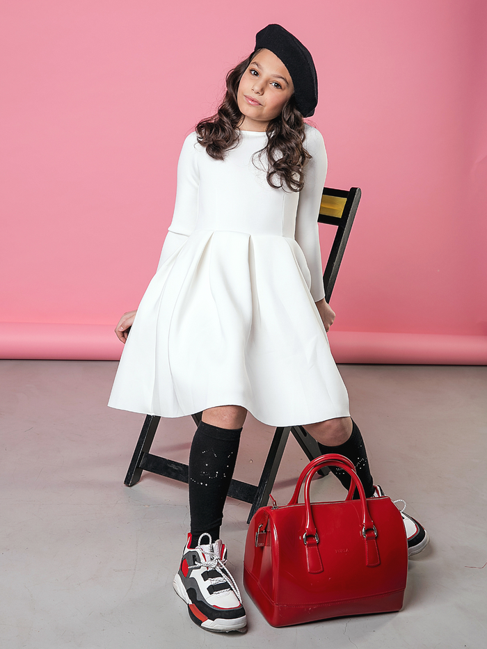 White Pleated Long Sleeved Midi Dress by Kids Couture Mia Belle Girls