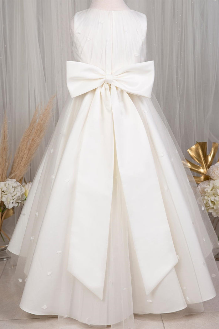 White Sleeveless Embroideries Long Flower Girl Dress with Bow Tie back Sash