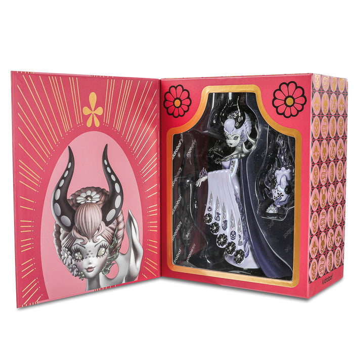 Witch Queen 8-inch vinyl art figure by Junko Mizuno in violet, limited edition by Kidrobot, featuring detailed design and vibrant colors.