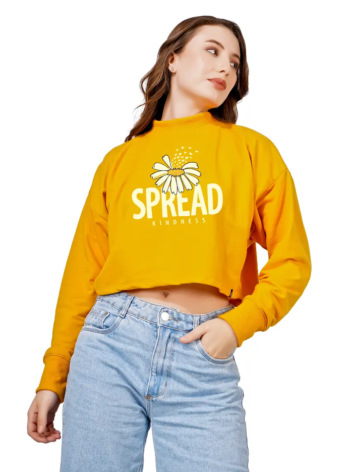 Women Cotton Blend Crop Sweatshirt | High Neck Graphic Pullover | Trendy Winter Casual Wear for Women & Girls Blueficus