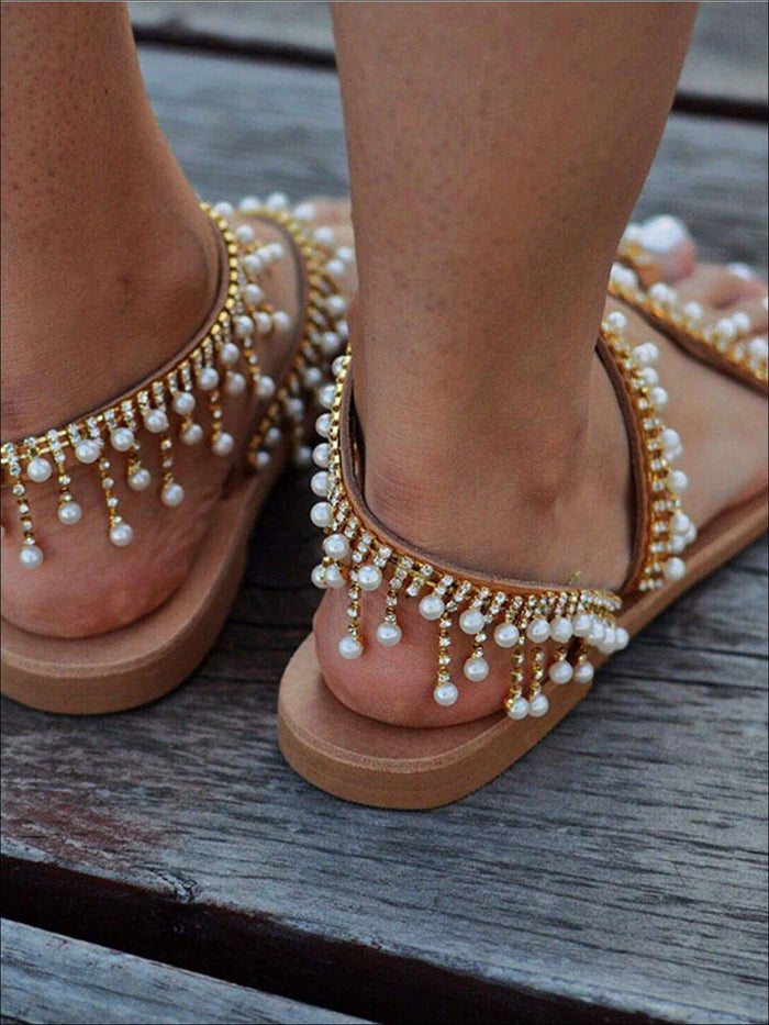 Womens Golden Pearl Charm Sandals