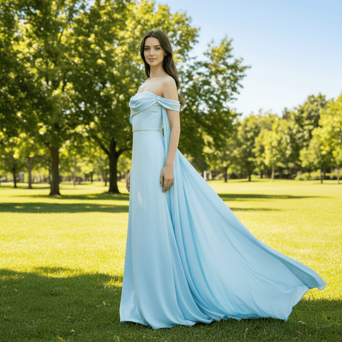 Women's Light Blue Wedding Guest Dresses Bridesmaid Gowns with One Shoulder - Rosymae