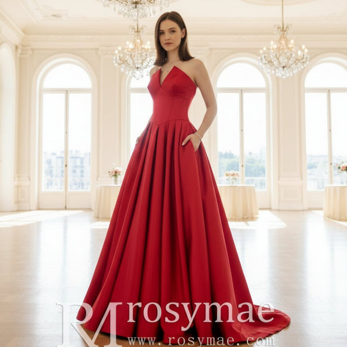 Women's Vneck Satin Red Formal Dresses & Evening Gowns - Rosymae