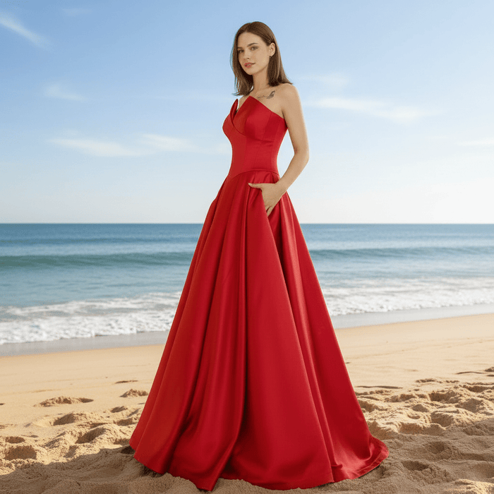 Women's Vneck Satin Red Formal Dresses & Evening Gowns - Rosymae