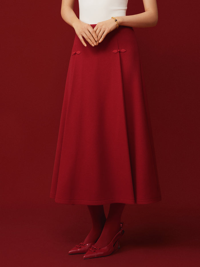 OGLmove Wool-like Frog Button A-Line Midi Skirt Limited Edition Red Flame XS
