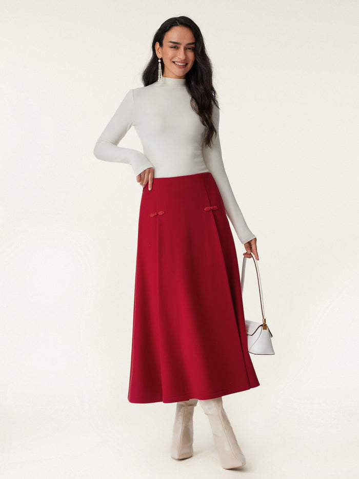 OGLmove Wool-like Frog Button A-Line Midi Skirt Limited Edition