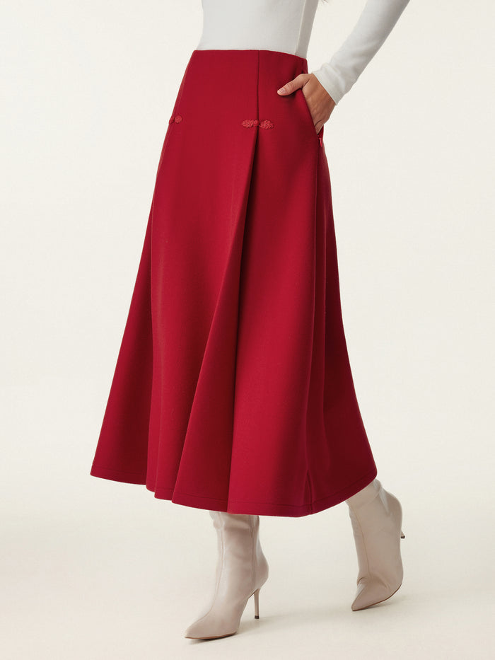 OGLmove Wool-like Frog Button A-Line Midi Skirt Limited Edition