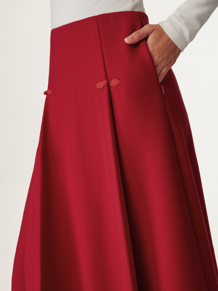 OGLmove Wool-like Frog Button A-Line Midi Skirt Limited Edition