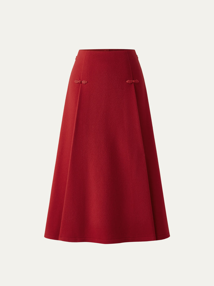 OGLmove Wool-like Frog Button A-Line Midi Skirt Limited Edition