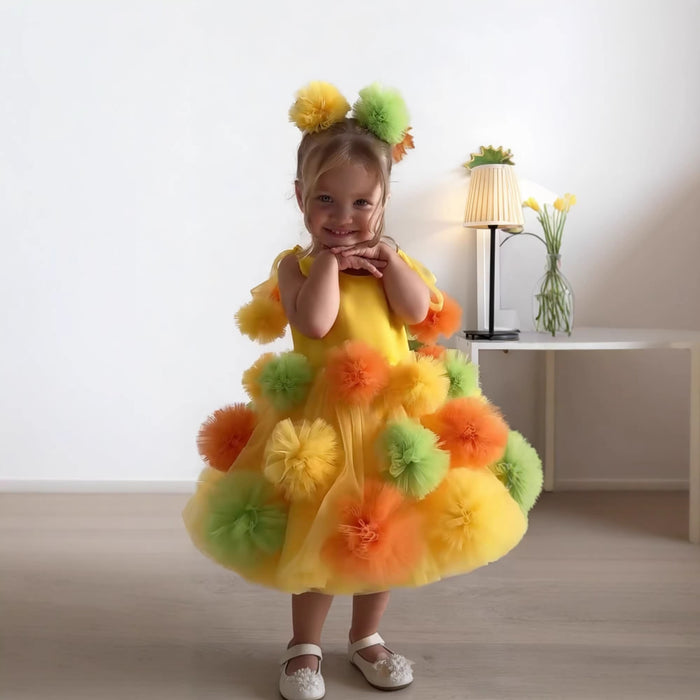 Yellow Pom Pom Flower Girl Dress with Colorful Tulle Princess Birthday Party Gown D262
