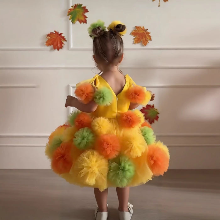 Yellow Pom Pom Flower Girl Dress with Colorful Tulle Princess Birthday Party Gown D262