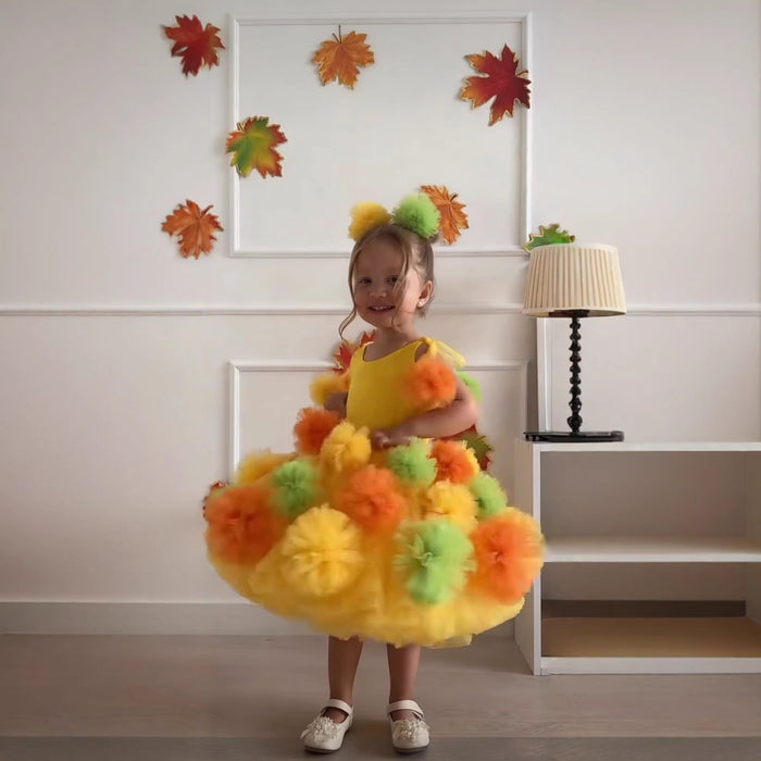Yellow Pom Pom Flower Girl Dress with Colorful Tulle Princess Birthday Party Gown D262