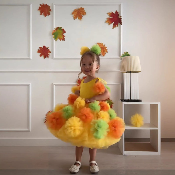 Yellow Pom Pom Flower Girl Dress with Colorful Tulle Princess Birthday Party Gown D262