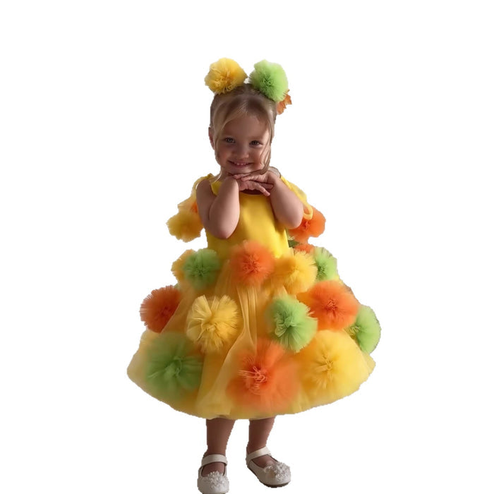 Yellow Pom Pom Flower Girl Dress with Colorful Tulle Princess Birthday Party Gown D262