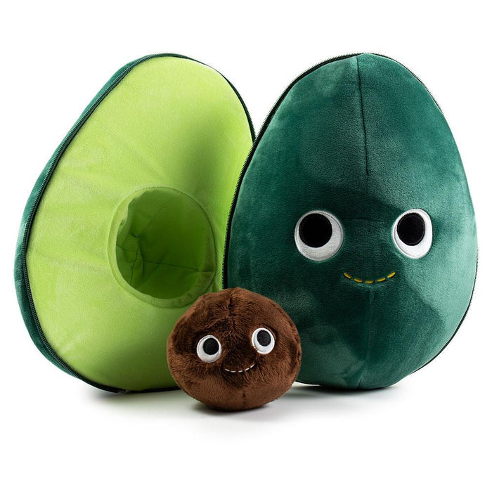 Yummy World 16-inch plush avocado with interactive plushie pit, soft and cuddly toy for kids and collectors.